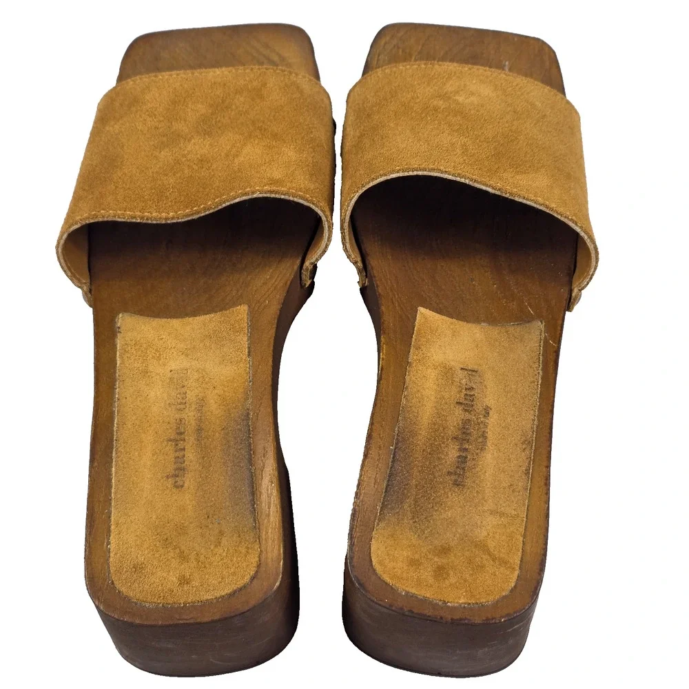 Vintage 90s Charles David Brown Suede Wood Platform Mules Clogs Sz 40 Made italy